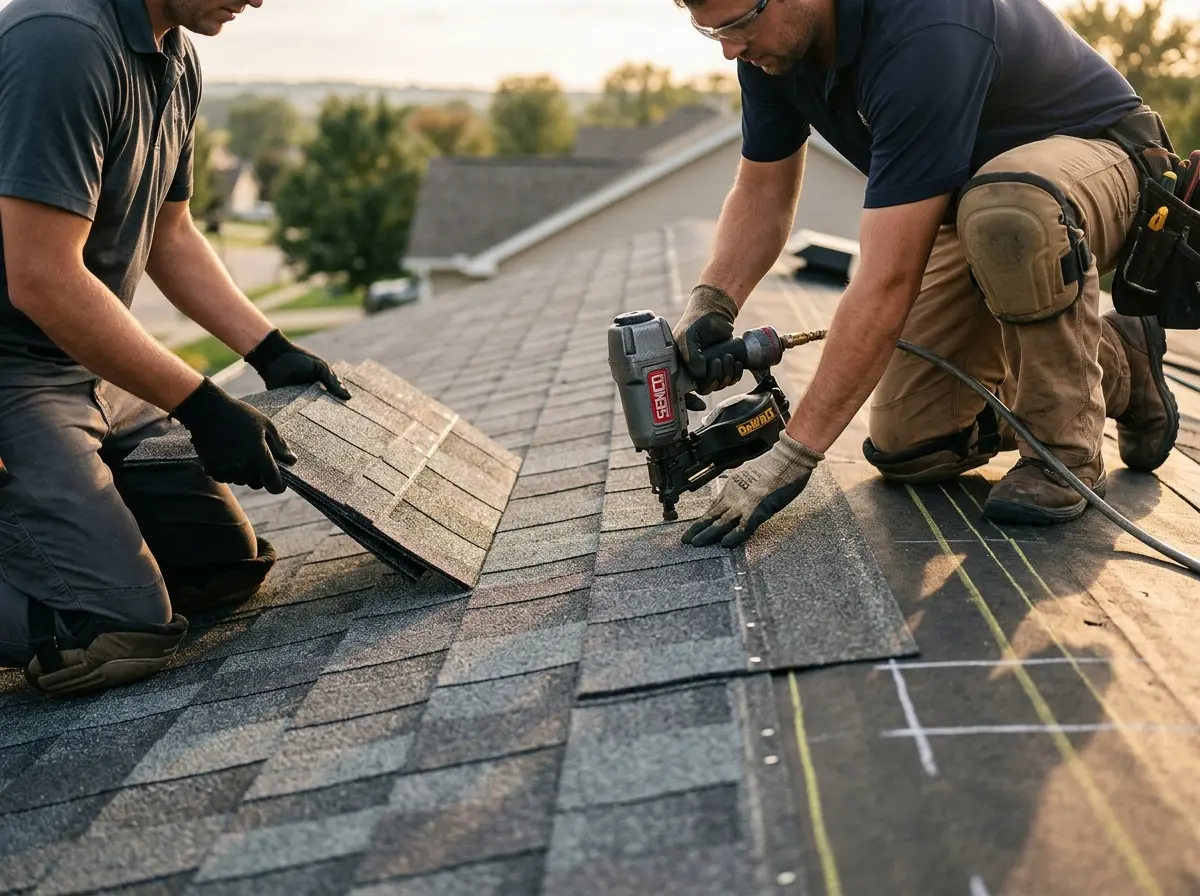 Professional roofer working on a residential roof in Dracut
